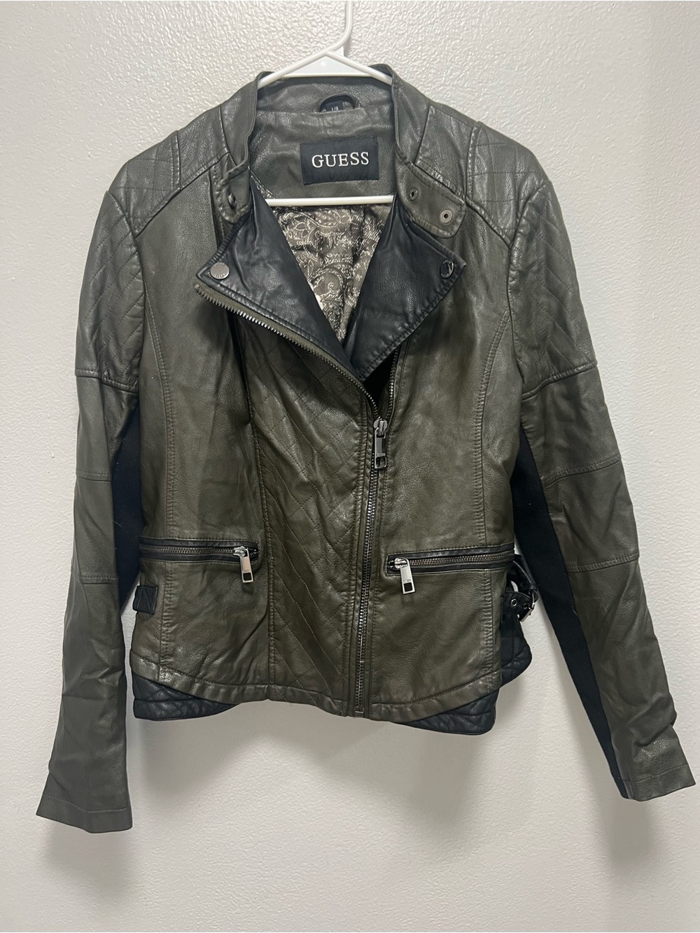 GUESS Women's very dark Olive Green vegan Leather Moto Jacket